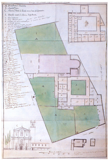 Map of the monastery, the church and its surroundings, view of the church façade, the bell tower and the second cloister, which has now disappeared (1770, State Archives in Venice).